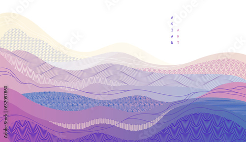 Abstract oriental Japanese art vector background, traditional style design, wavy shapes and mountains terrain landscape, runny like sea lines.