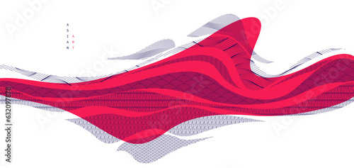 Oriental Japanese style vector abstract illustration in red color, background in Asian traditional style, wavy shapes and mountains terrain, runny like sea lines.