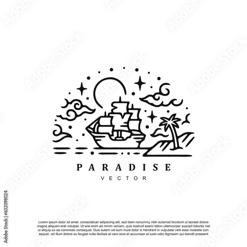 Fototapete Vintage retro linear sailing ship with paradise island and the night sky vector