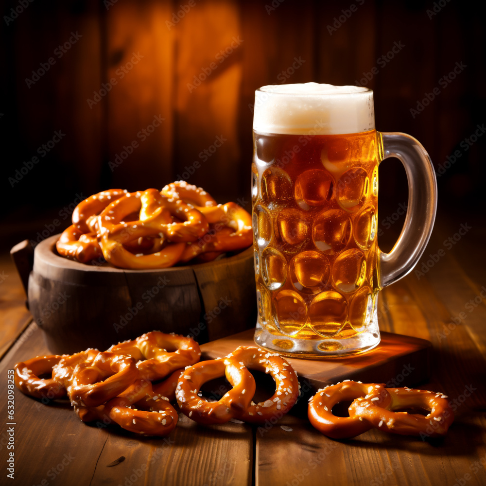 Large mug of beer served with crispy Pretzels on a rustic wooden table. Concept of Oktoberfest, the beer festival of Germany. Shallow field of view. Large mug of beer served with crispy Pretzels on a rustic wooden table. Concept of Oktoberfest, the beer festival of Germany. Shallow field of view.