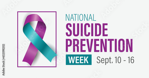 National suicide prevention week banner. Purple and teal ribbon on off-white background with text. Vector illustration