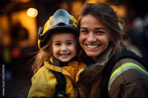 Joyful Girl with Female Firefighter. Generative AI