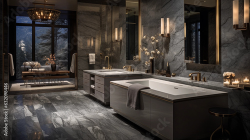 sleek grey marble bathroom with LED lighting  double vanity  and freestanding bathtub