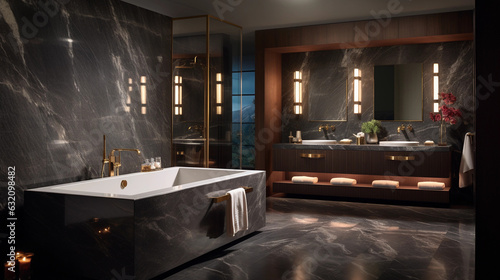 sleek grey marble bathroom with LED lighting  double vanity  and freestanding bathtub