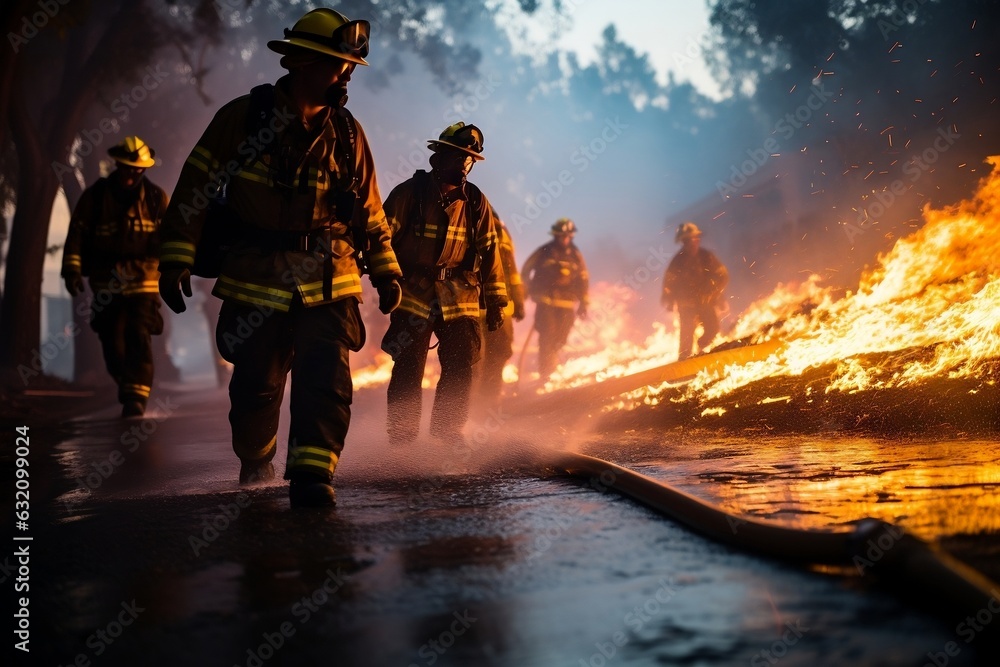 Firefighters Using Water to Combat Fire. Generative AI