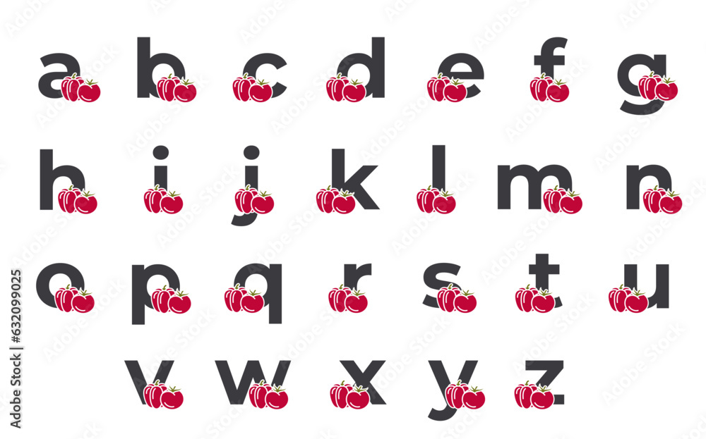 lowercase letters with tomato and bell pepper. vegetable and harvest alphabet design. vector images