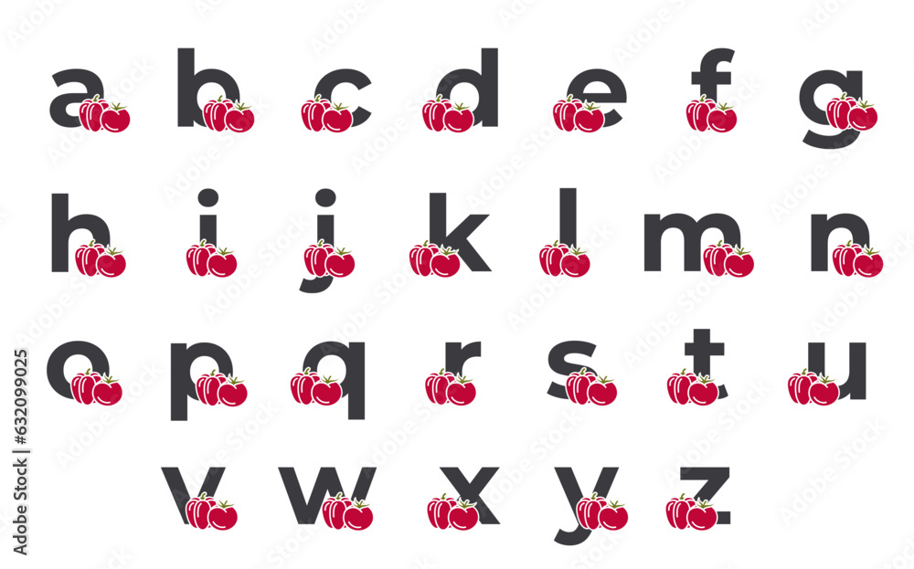 Fototapeta premium lowercase letters with tomato and bell pepper. vegetable and harvest alphabet design. vector images