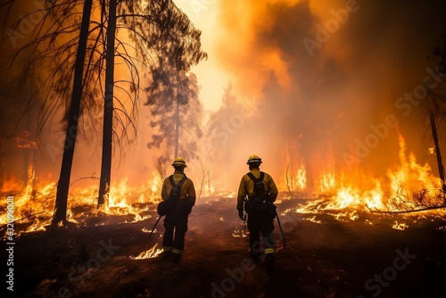 Firefighters Taking On a Ferocious Burning Blaze. Generative AI
