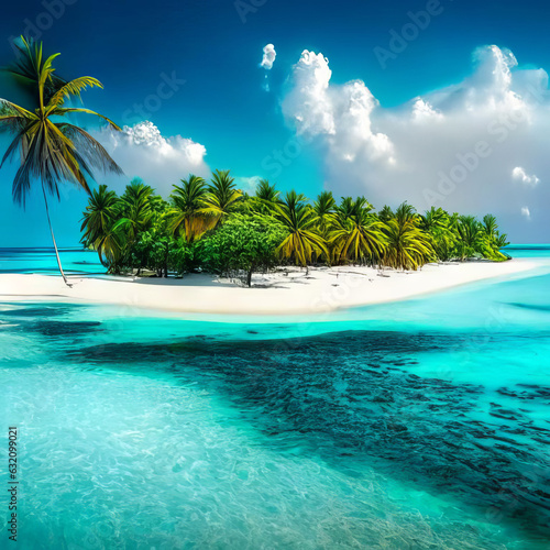 Beautiful white sand beach  turquoise ocean surrounded by palm trees and blue sky with clouds on a sunny day.