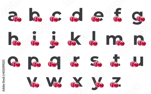 lowercase letters with tomato and bell pepper. vegetable and harvest alphabet design. vector images