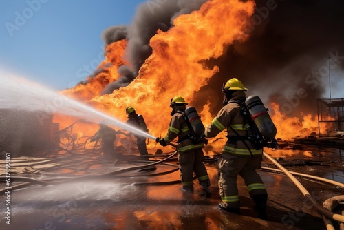 Firefighters Wetting Down Fire in the Fight. Generative AI