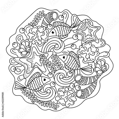Coloring book page for adult , Under water. Marine vector motif . Doodle of the underwater world . Fish and plants, Monochrome. Aquariums.