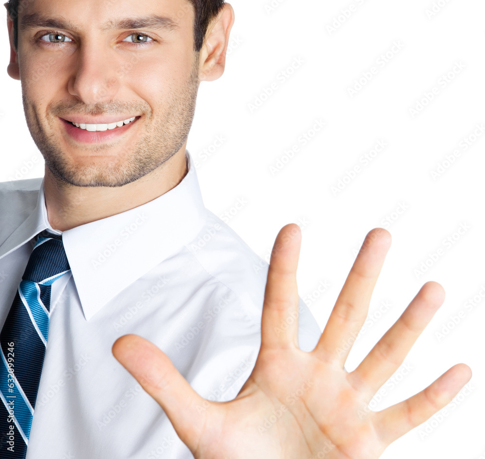 Portrait of happy smiling businessman showing five fingers, isolated over white background Portrait of happy smiling businessman showing five fingers, isolated over white background