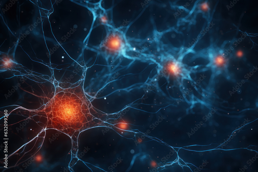 Close-up view of a vibrant neuron, intricately woven with its dendrites extending and intertwining with other neurons. Close-up view of a vibrant neuron, intricately woven with its dendrites extending and intertwining with other neurons.