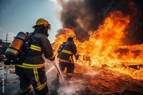 Fireman Instructing Firefighters in Water Use. Generative AI