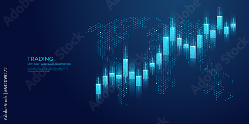 Abstract stock market candlesticks and world map on technology blue background. Low poly wireframe digital growing graph chart with glowing light effect. Vector business banner. Investment concept.