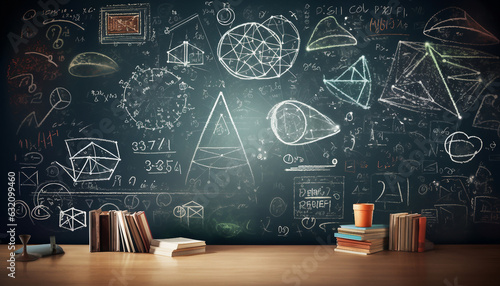 A chalkboard filled with formulas, equations, and diagrams