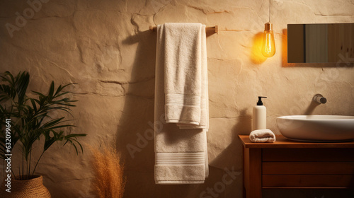 cozy bathroom ambiance, fluffy towel hanging from a towel rack, warm golden lighting creating a soothing atmosphere, minimalist and spa