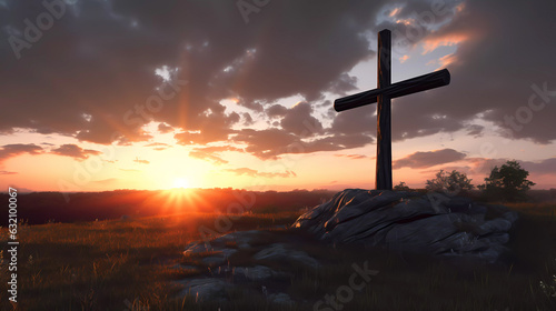 Wooden crucifix under a stunning sunset sky.