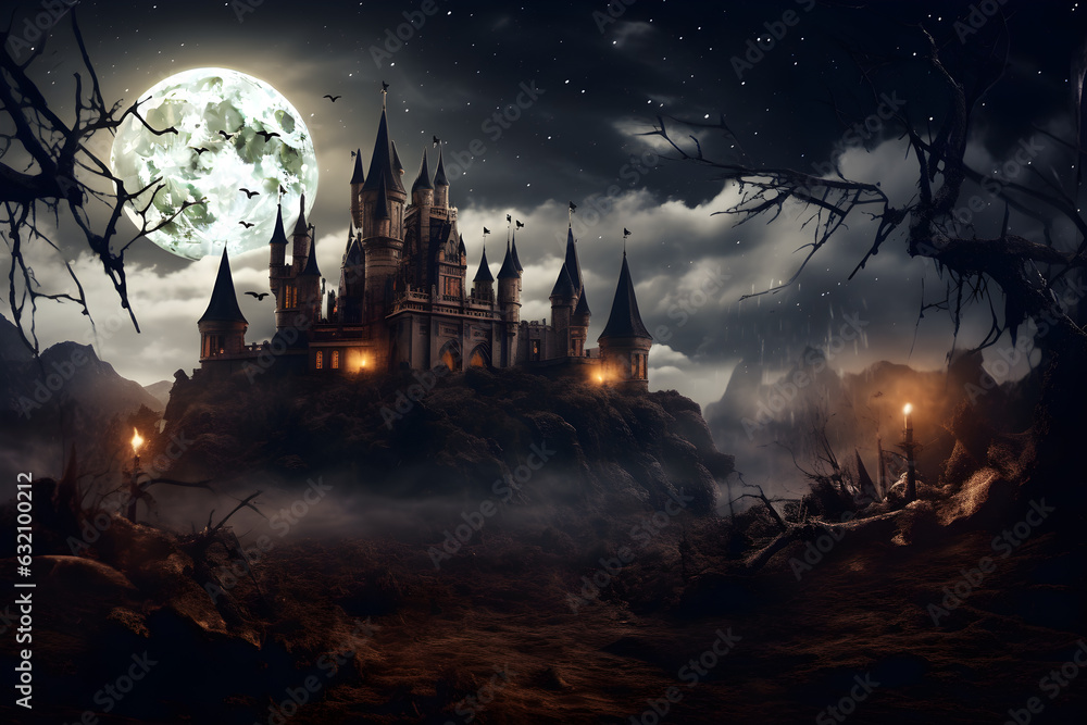 Haunted Castle Under a Full Moon Generative ai 