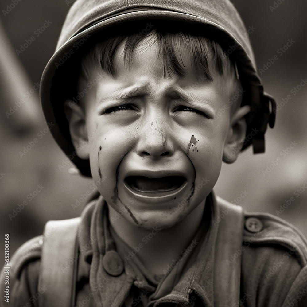 Little boy is afraid of war, boy is crying, child is scared and upset, concept is not war, peace, children protection Little boy is afraid of war, boy is crying, child is scared and upset, concept is not war, peace, children protection