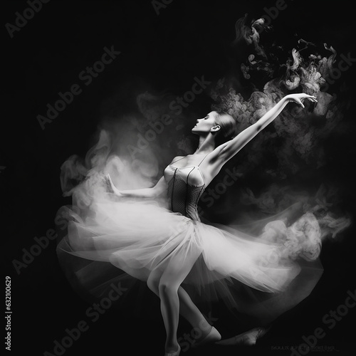 Fototapeta Contours of beautiful ballerina dissolve in smoke on a black background, romanti