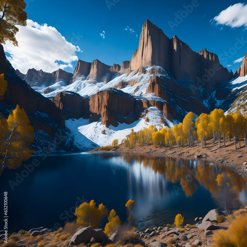 tranquil landscape with blue skies, mountain range, and a reflective lake, generative AI
