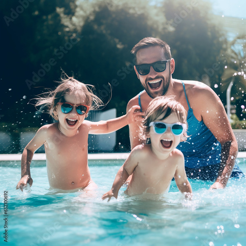 Dad and children have fun swimming in clear water, laughing and splashing, summer, sun, holidays, fun, relaxation © Dmitry