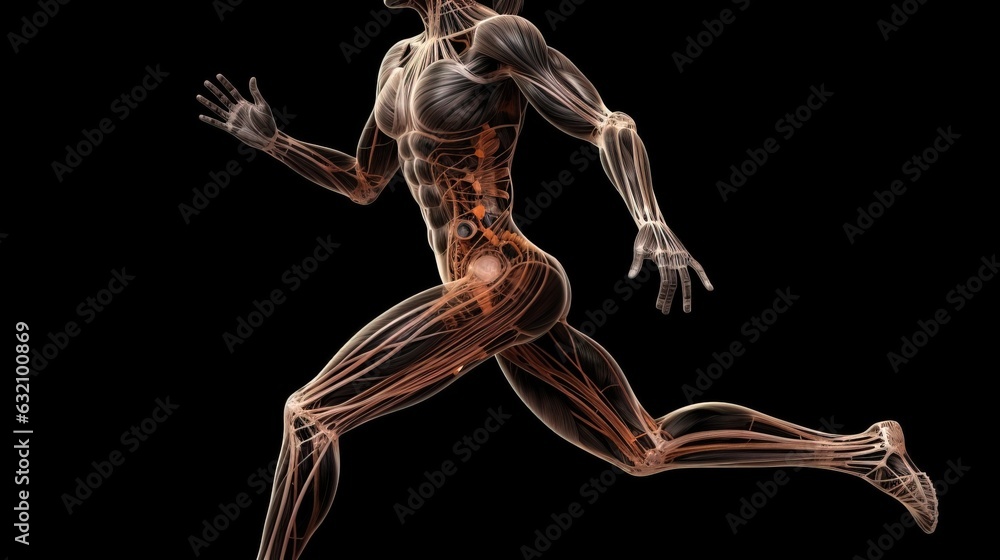 Obraz premium Anatomical structure of muscular system of human body, dark background. AI generated.