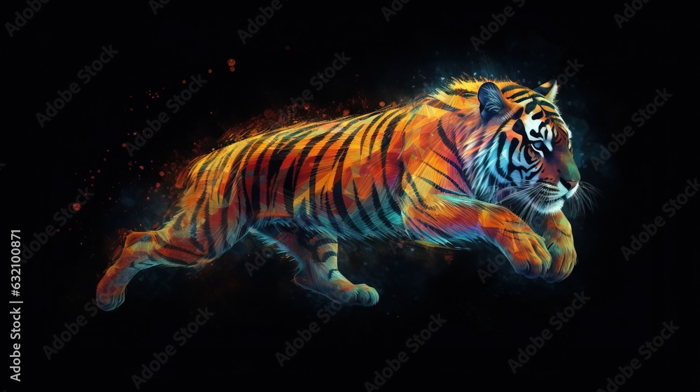 Neon abstract graphic contours of a tiger in a jump, a wild animal. Dark background isolate. AI generated. Neon abstract graphic contours of a tiger in a jump, a wild animal. Dark background isolate. AI generated.