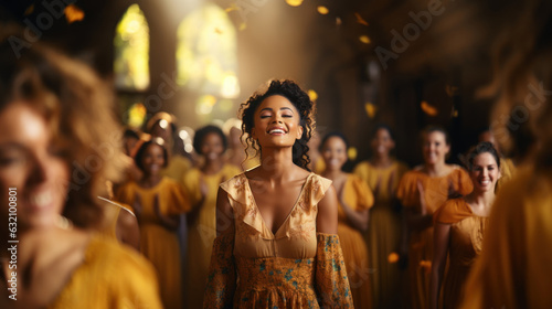 Beautiful young woman in a yellow dress with christian gospel singers in church, praising Lord Jesus Christ.