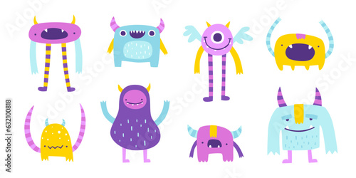 Set of cute monsters. Vector collection of friendly beasts for kids. Bright doodle monsters bundle for babies.