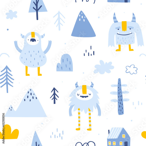Nordic pattern with cute yeti. Seamless scandinavian vector print with naive doodle yeti for kids.