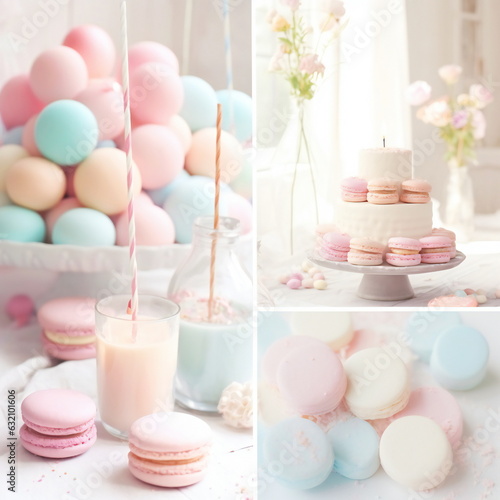 Macaroons and birthday cake with flowers. Celebration and happiness concept.