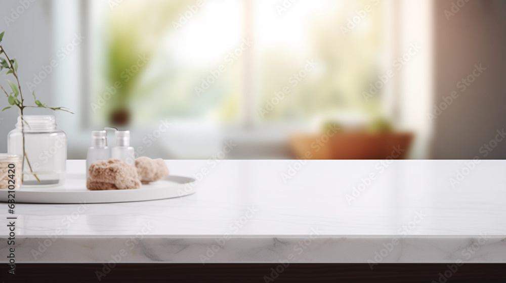 Beautiful marble table top with blurred bathroom interior background Beautiful marble table top with blurred bathroom interior background