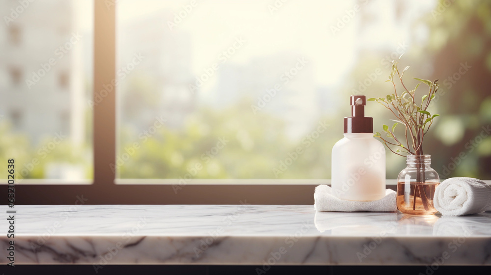 Beautiful marble table top with blurred bathroom interior background Beautiful marble table top with blurred bathroom interior background