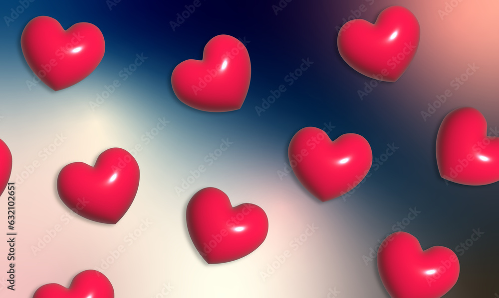 Abstract background with red hearts, 3D illustration
