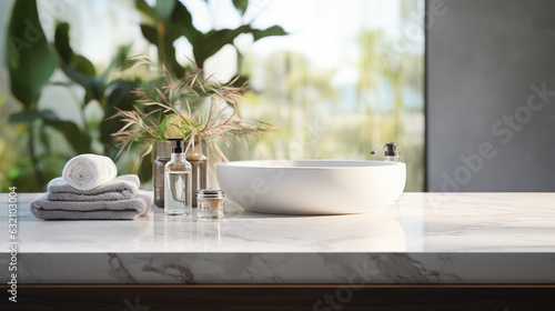 Wallpaper Mural Beautiful marble table top with blurred bathroom interior background Torontodigital.ca