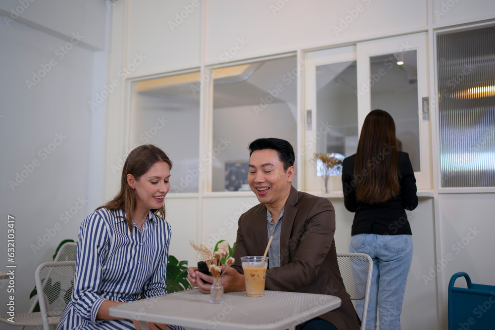 Coworkers hang out at coffee café. Coworker and friendship concept. Coworkers hang out at coffee café. Coworker and friendship concept.