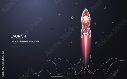 Abstract digital launching rocket with fire on dark background with white doodle elements. Low Poly wireframe vector illustration. Boosting and successful start-up business concept. Modern geometric