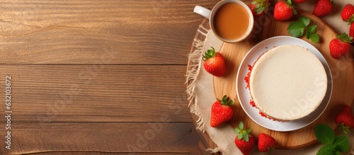 A homemade cheesecake with fresh strawberries on top, served with coffee as a healthy organic summer berry dessert. top view with copy space included.