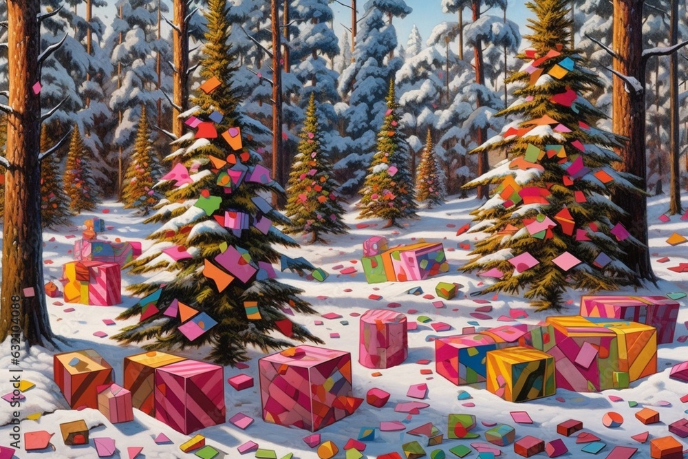 Artistic concept for season greetings: pine trees in snowy forest decorated with colorful gift boxes. Gift boxes laying all around in snow. Surreal design. Generative AI