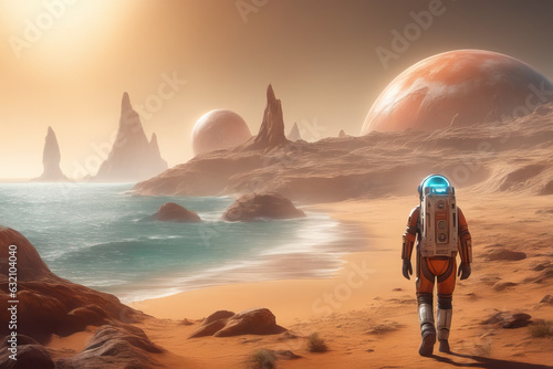 A man in a spacesuit walks along the sand towards the bay. Sci-fi wallpaper. Exploration of alien planet. Retro futuristic landscape. Fantastic illustration.