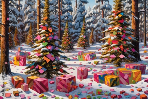 Artistic concept for season greetings  pine trees in snowy forest decorated with colorful gift boxes. Gift boxes laying all around in snow. Surreal design. Generative AI