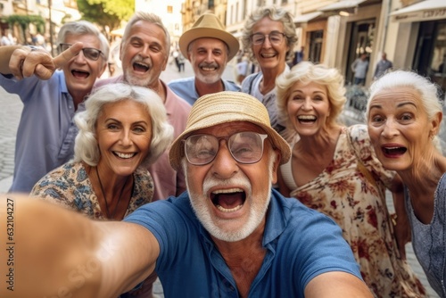 Group of seniors taking selfie in the city. Group of pensioners having fun outdoors. ai generative