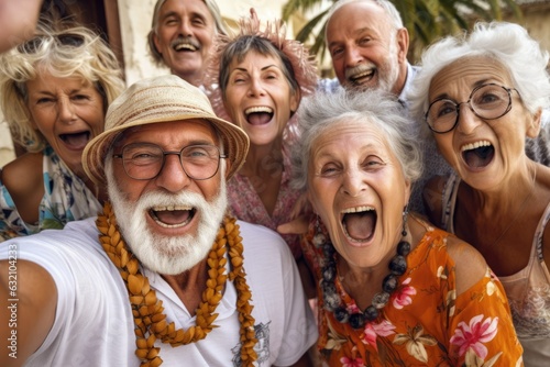 Group of seniors taking selfie in the city. Group of  pensioners having fun outdoors. ai generative © mariof