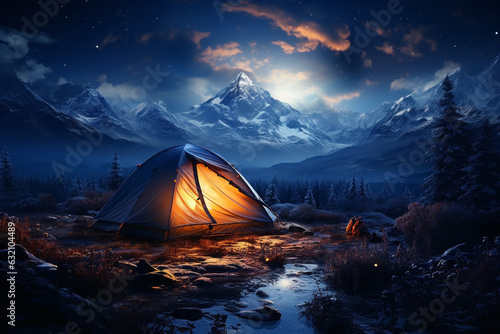 The gentle light of the night envelops the climbers bivouacking in very high snowy mountains.