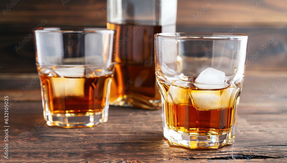 Selective focus glasses of cold whiskey on wooden table. Full bottle of whiskey Selective focus glasses of cold whiskey on wooden table. Full bottle of whiskey