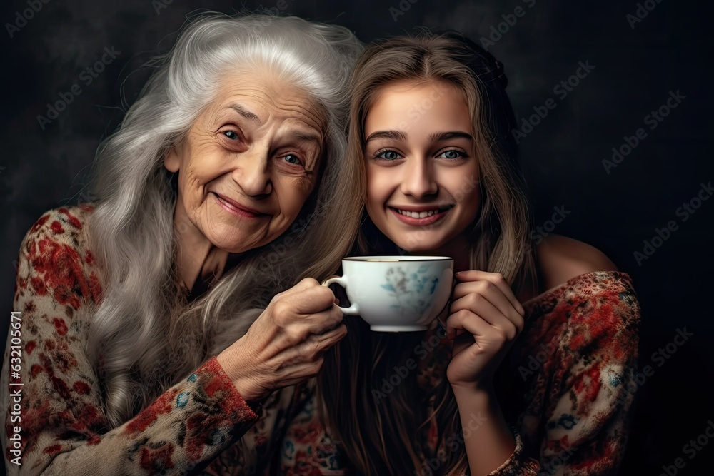 Portrait of a smiling senior woman and her grand daughter drinking tea. ai generative Portrait of a smiling senior woman and her grand daughter drinking tea. ai generative