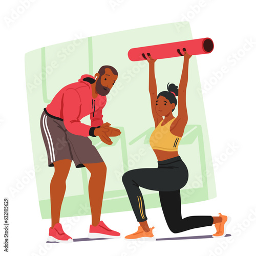 Female Character Undergoing Personalized Training With Personal Coach. Woman Improving Technique And Motivation